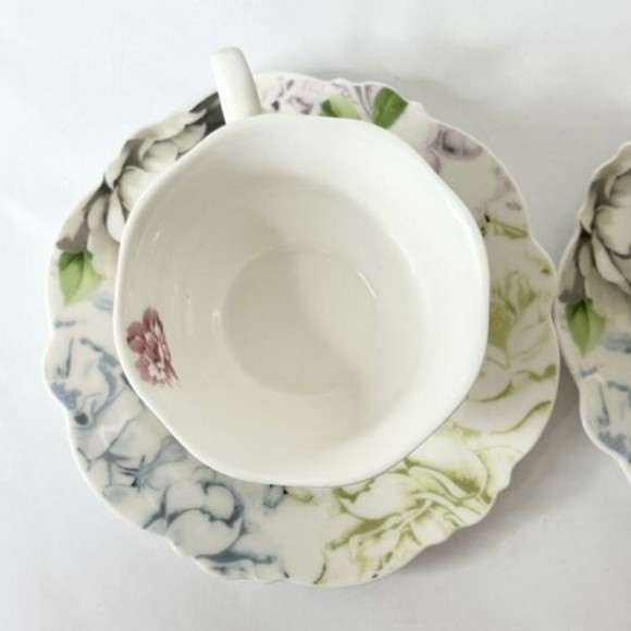 Pulchritudie Eileen's Peony set of 2 teacups & saucers Pink Blue Green 3 in - Picture 9 of 15